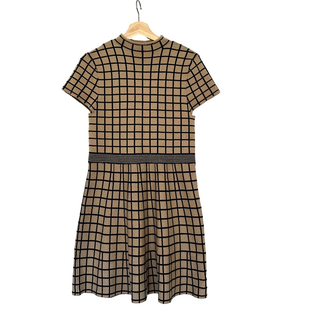 Tahari Grid Print Fit & Flare Dress Black Tan Short Sleeve Work Career Chic Sz L